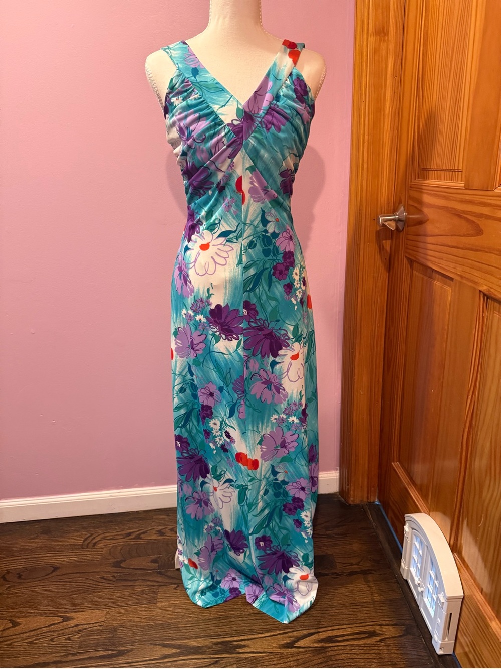 True Vintage Edith Flagg Teal Floral Maxi Dress